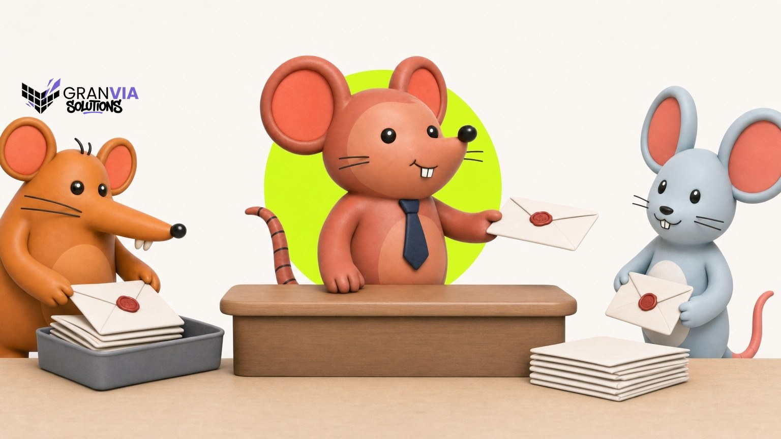 Ilustración en 3D de los ratones de GranVía: el principal, con corbata azul marino, entrega un sobre lacrado por encima de un mostrador de madera; el naranja deja sobres en una bandeja y el gris sostiene otro.