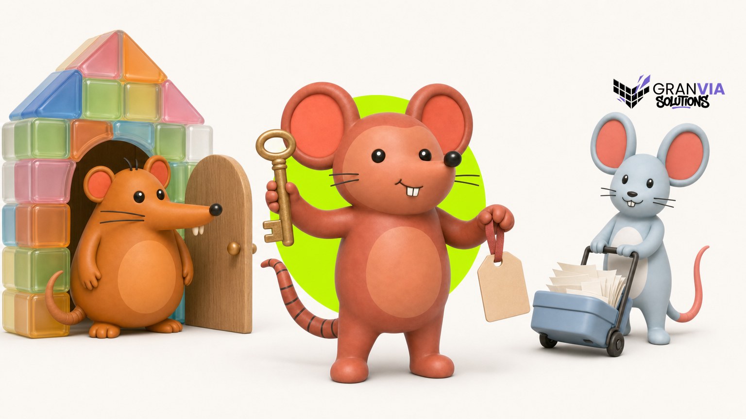 Ilustración 3D de los tres ratones de GranVía: el principal sostiene una llave y una etiqueta en blanco, uno sale de una casa hecha de cubos de colores y otro empuja una maleta con papeles hacia la puerta.