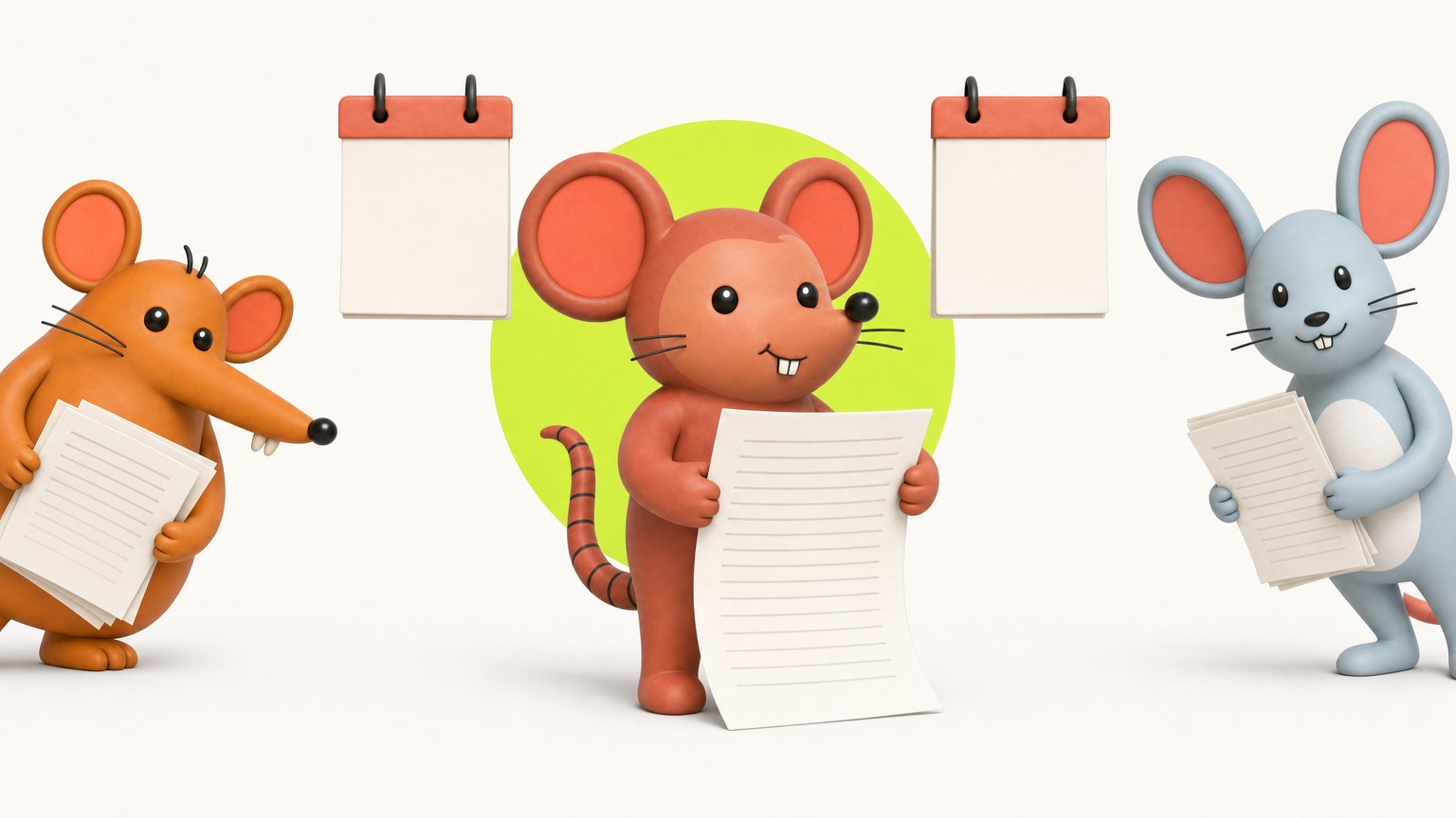 Ilustración en 3D de los ratones de GranVía: el principal sostiene con las dos manos una hoja rayada, como una factura sin rellenar, entre dos calendarios de pared en blanco; los otros dos sujetan más hojas.