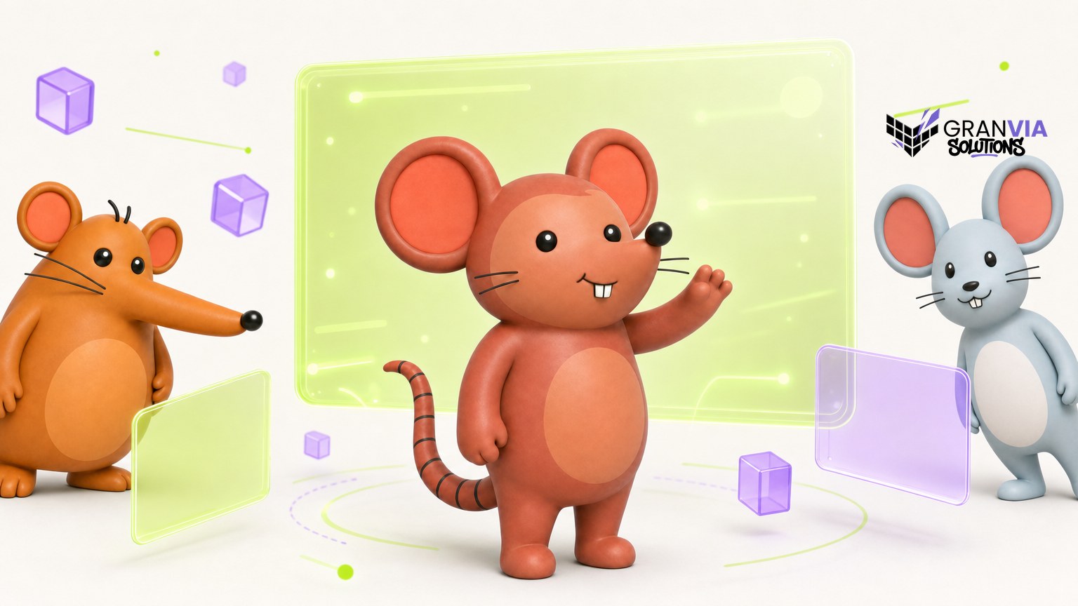 Ilustración en 3D: el ratón de GranVía levanta una pata delante de un panel holográfico verde lima que flota en el aire, mientras los otros dos ratones miran desde los lados junto a pantallas más pequeñas y cubos morados suspendidos.