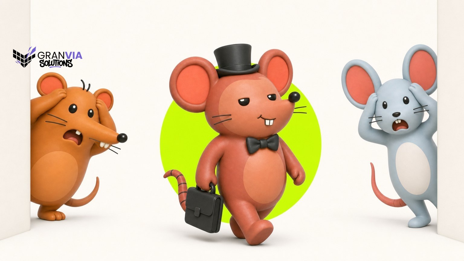 Ilustración en 3D: el ratón de GranVía, con chistera y pajarita negras, avanza de puntillas con un maletín mientras otros dos ratones se llevan las manos a la cabeza.