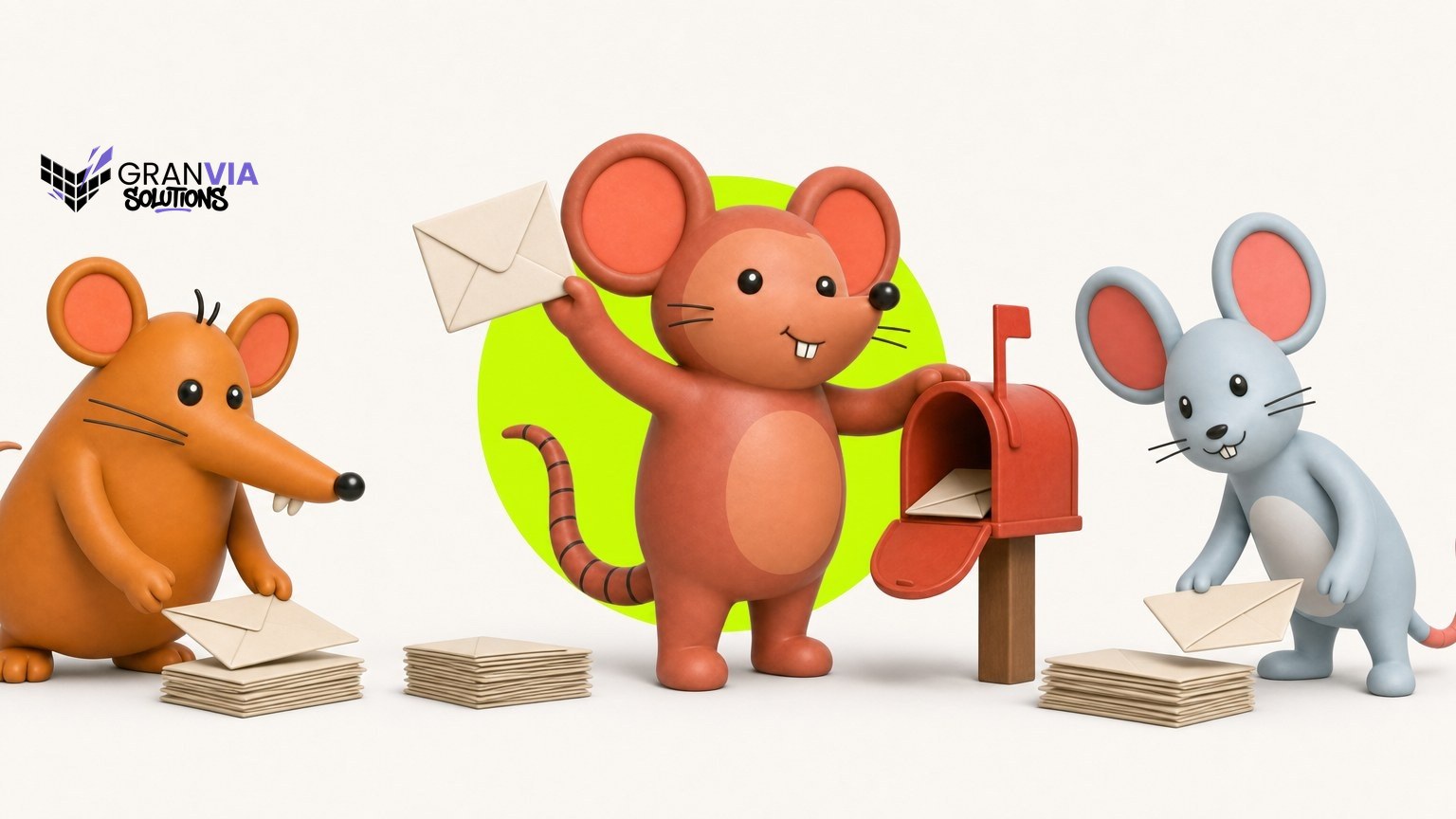 Ilustración en 3D de los ratones de GranVía: el principal levanta un sobre junto a un buzón rojo abierto, delante de un círculo lima, mientras el ratón naranja y el gris colocan sobres en montones.